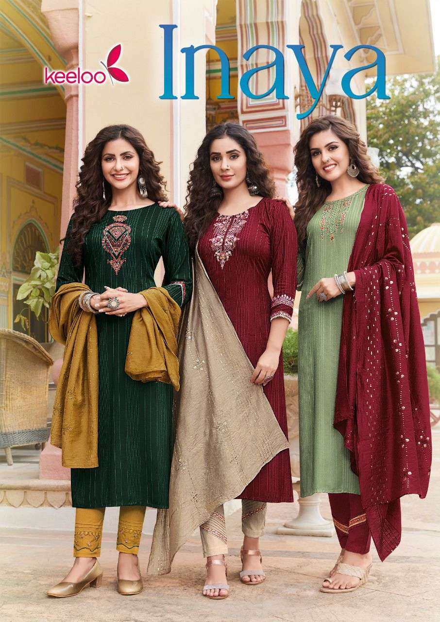INAYA VOL 1 BY KEELOO BRAND PRESENTS 14 KG HEAVY RAYON STRIPE WITH DOBBY WITH HEAVY EMBROIDERY & KHATLI WORK KURTI WITH RAYON SLUB LYCRA  PANT AND HEAVY CHANDERI DUPATTA - POSTER